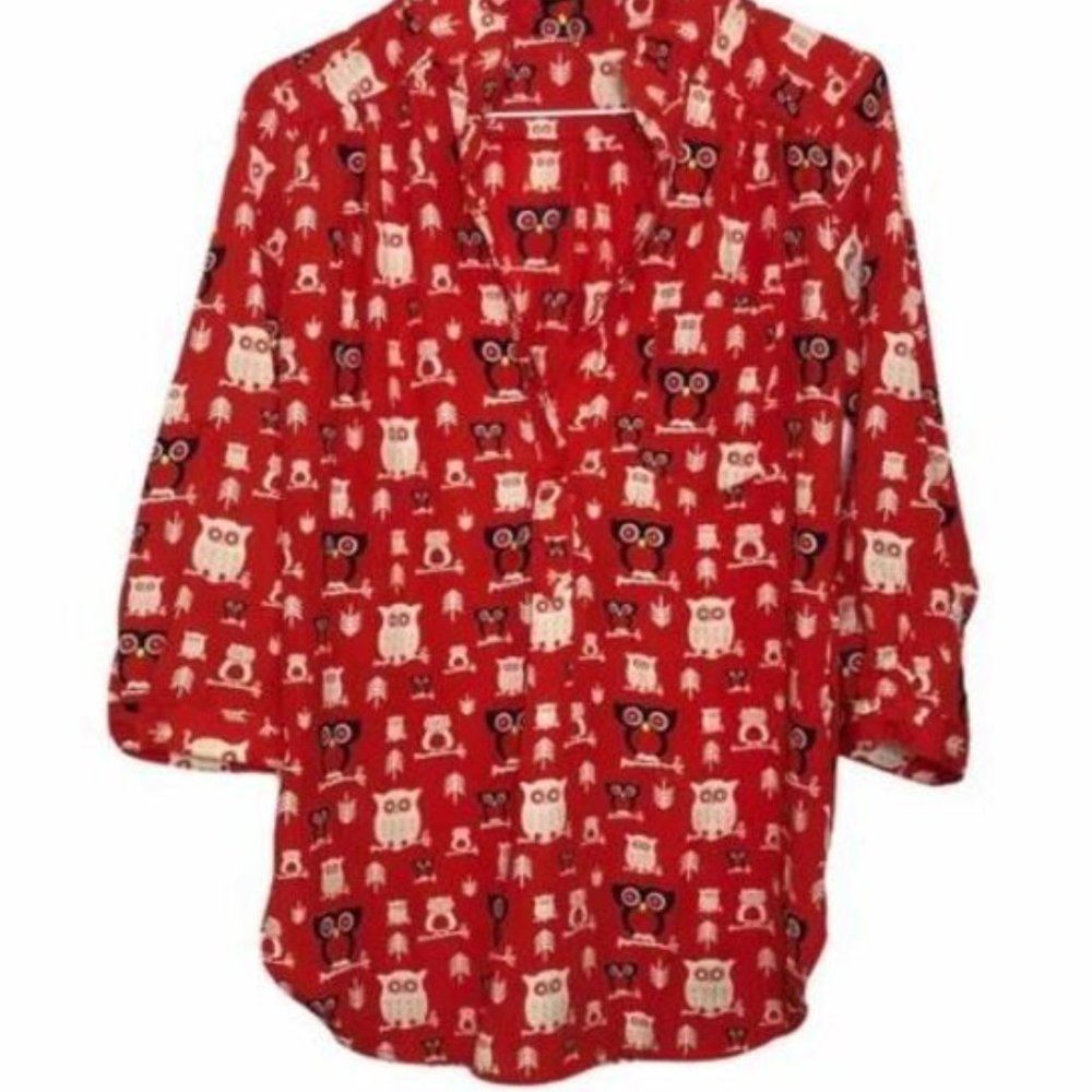 Cals Womens Owl Print Popover Blouse Red Multicolor Roll Tab Sleeves Pocket